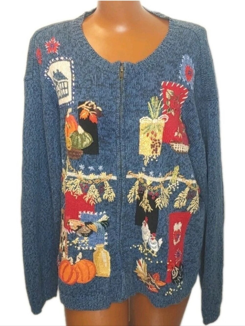 Vtg Heirloom Pumpkin Patch Cardigan Sweater XL Blue Knit Zip Up Pumpkin Patch